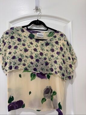 Vintage Rialto California Cream Floral Layered Blouse with Purple Rose Print Sm